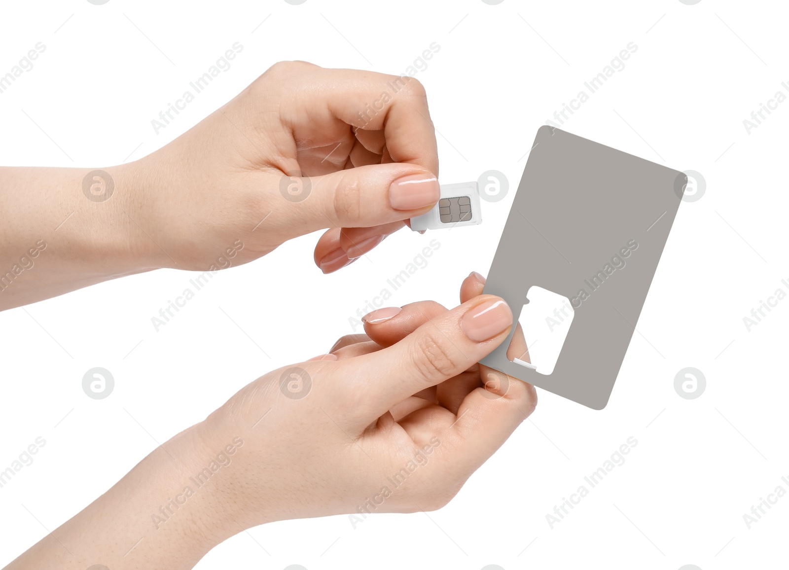 Photo of Woman removing SIM card from holder on white background, closeup