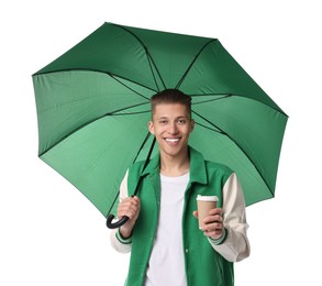 Photo of Young man with green umbrella and cup of drink on white background