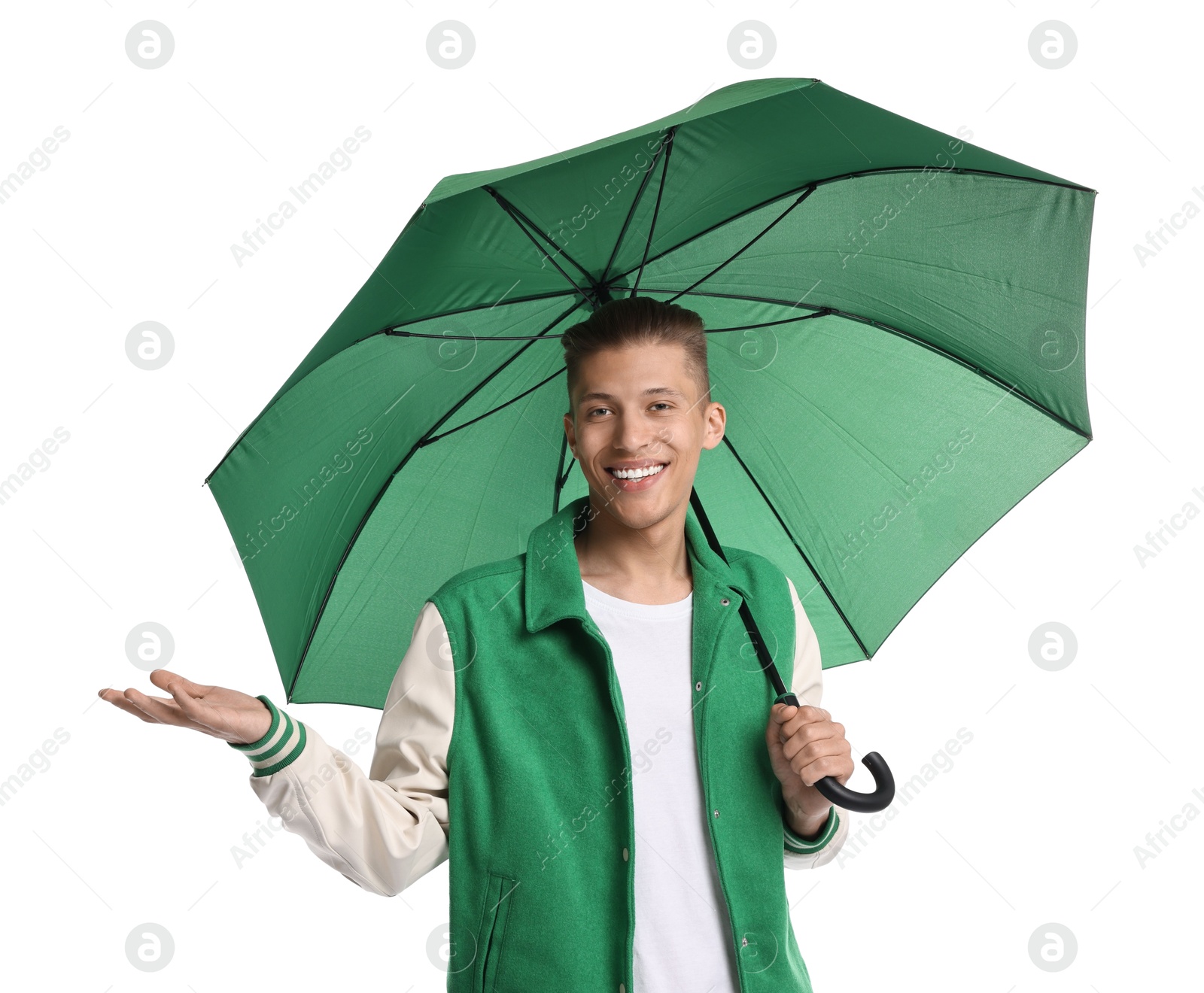 Photo of Young man with green umbrella on white background