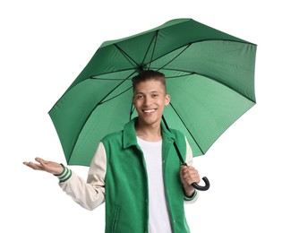 Photo of Young man with green umbrella on white background