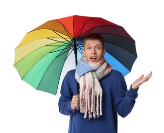 Photo of Young man with rainbow umbrella on white background