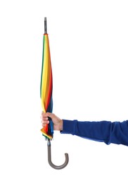 Photo of Man with rainbow umbrella on white background, closeup