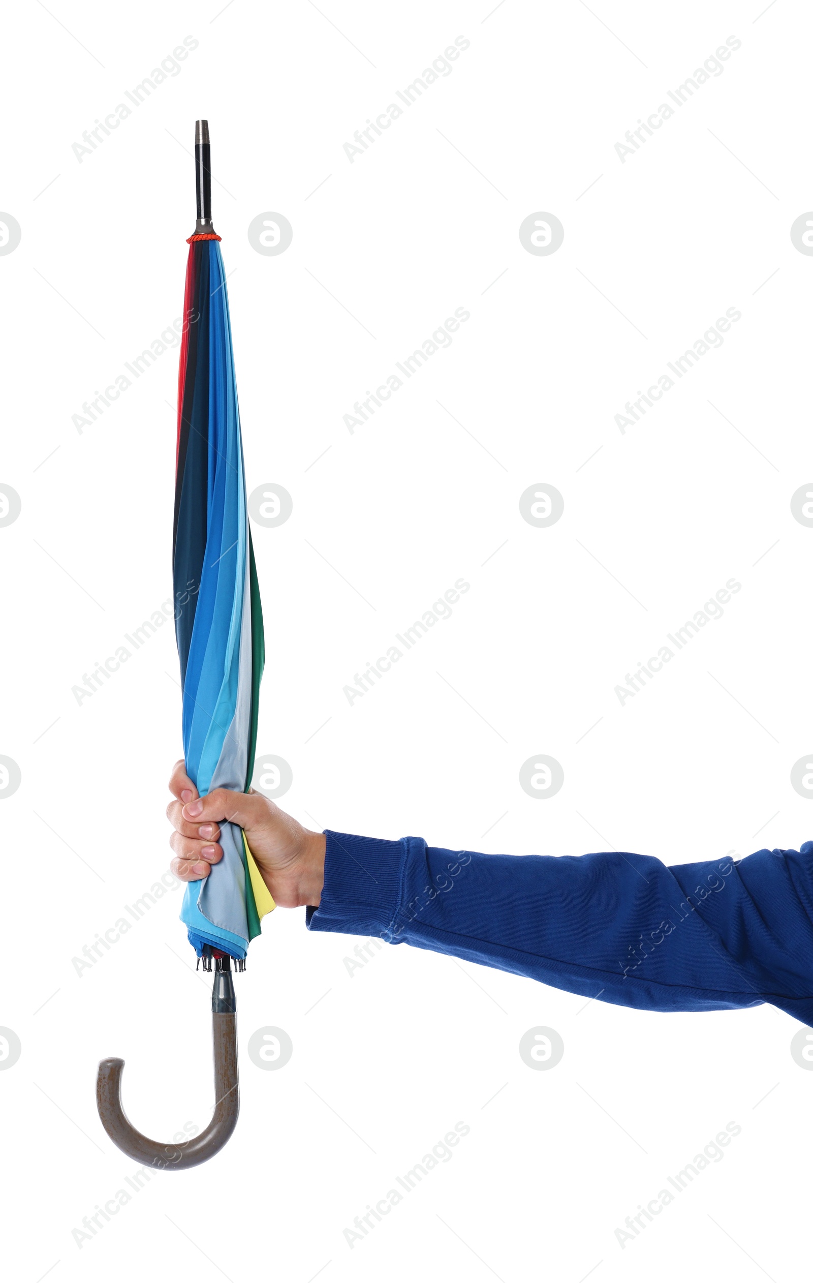 Photo of Man with rainbow umbrella on white background, closeup