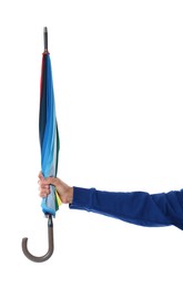 Man with rainbow umbrella on white background, closeup