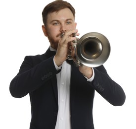 Handsome musician playing trumpet on white background