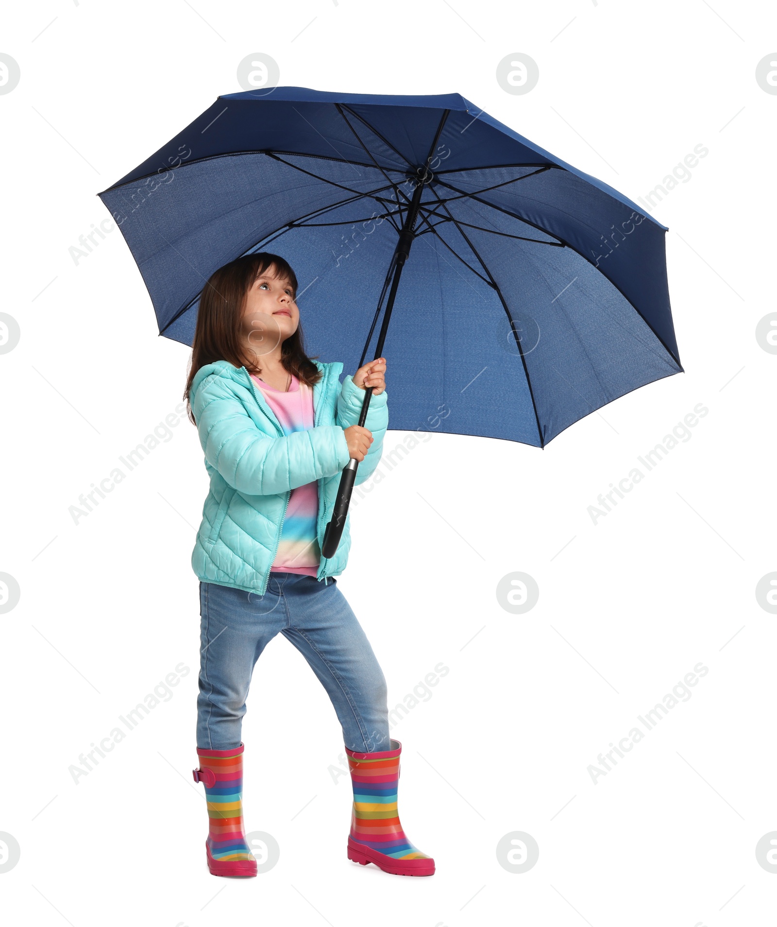 Photo of Cute little girl with blue umbrella on white background