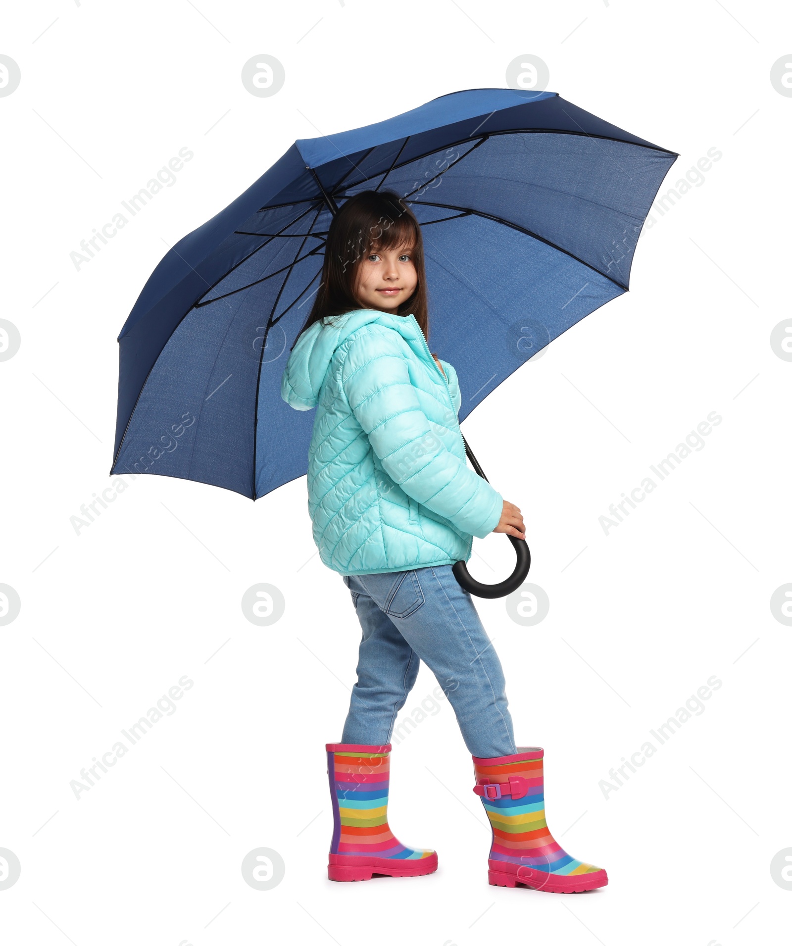 Photo of Cute little girl with blue umbrella on white background