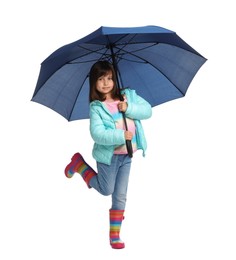 Photo of Cute little girl with blue umbrella on white background