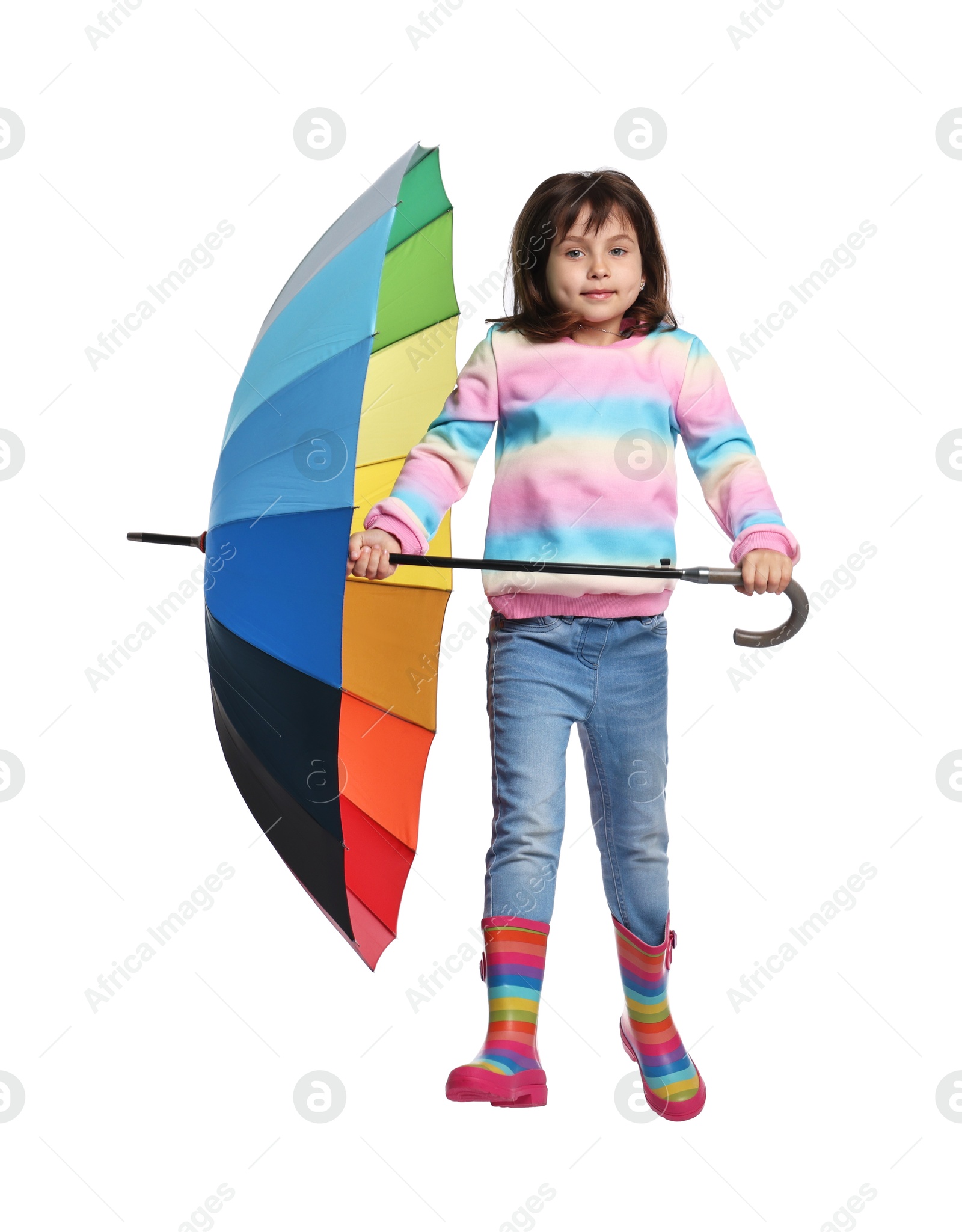 Photo of Cute little girl with colorful umbrella on white background