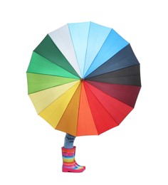 Photo of Little girl with colorful umbrella on white background