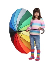 Cute little girl with colorful umbrella on white background