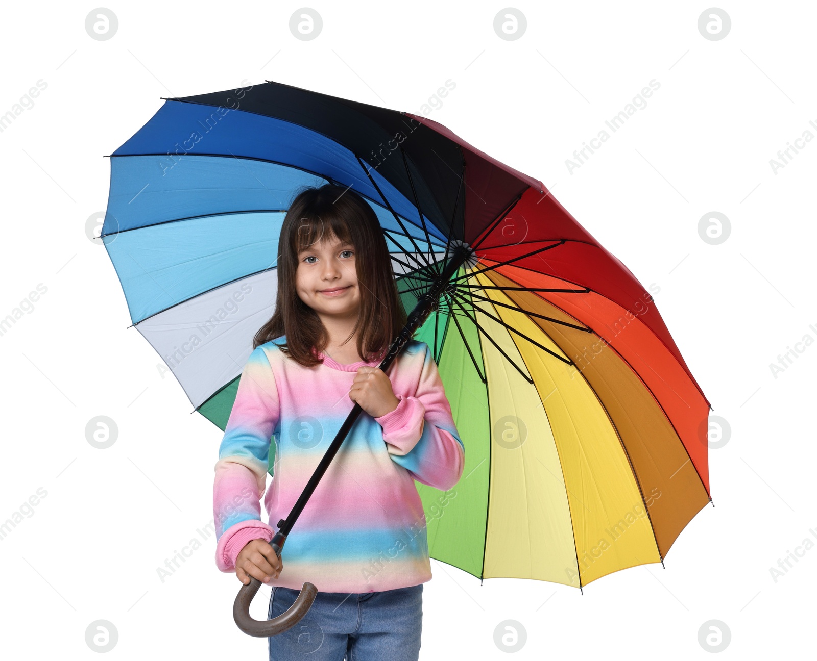 Photo of Cute little girl with colorful umbrella on white background