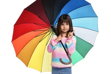 Photo of Cute little girl with colorful umbrella on white background