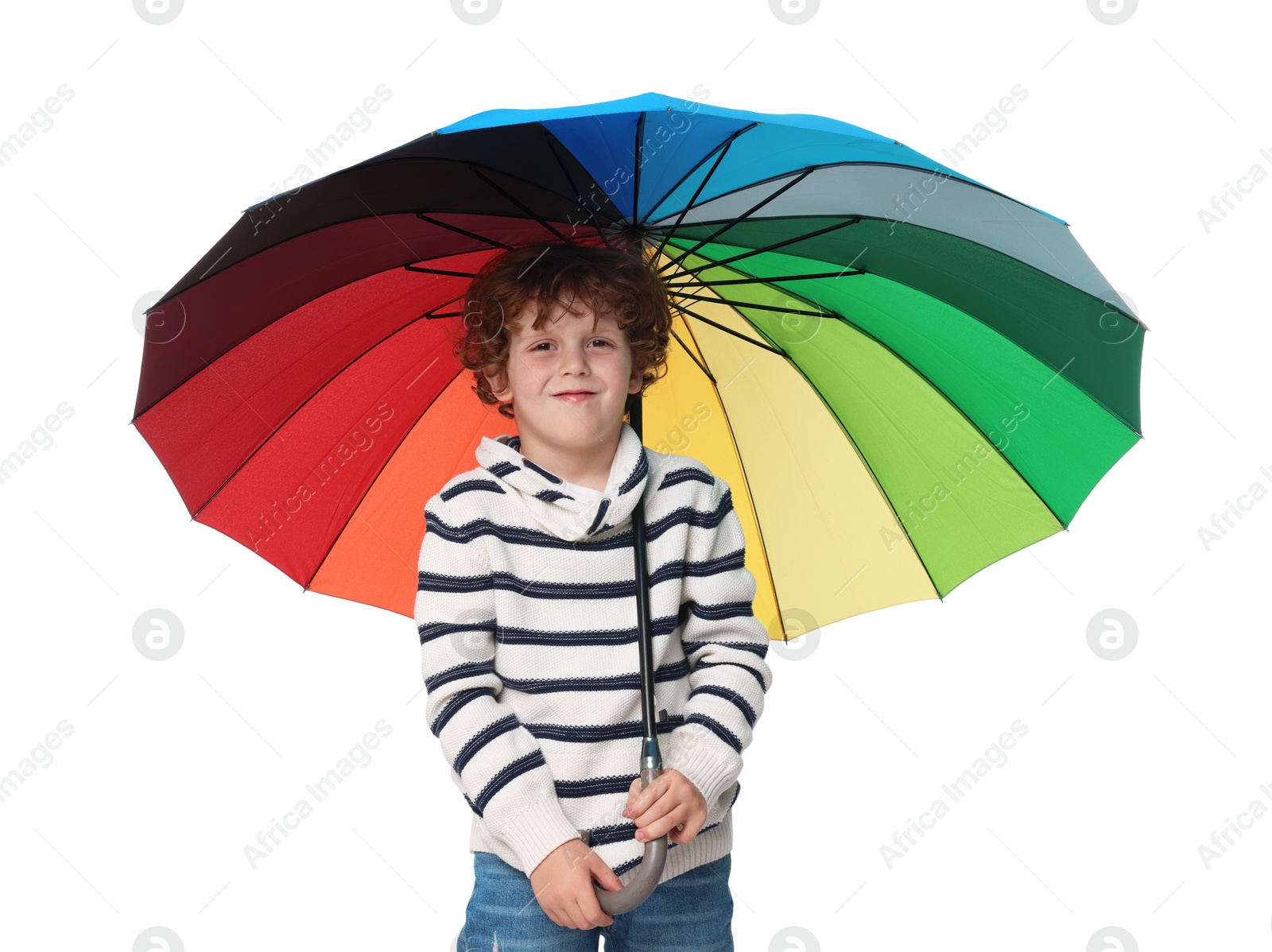 Photo of Little boy with rainbow umbrella on white background