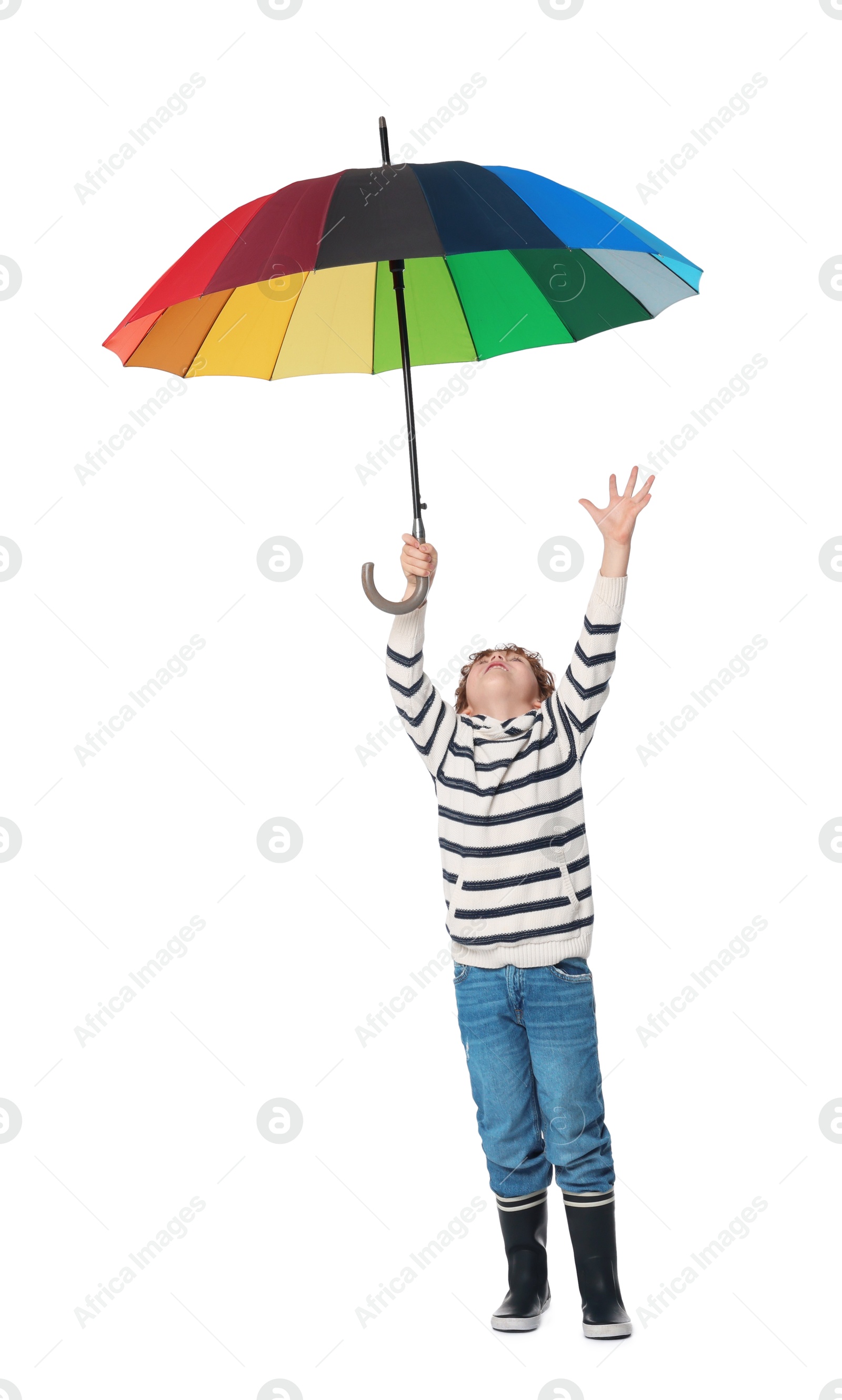 Photo of Little boy with rainbow umbrella on white background