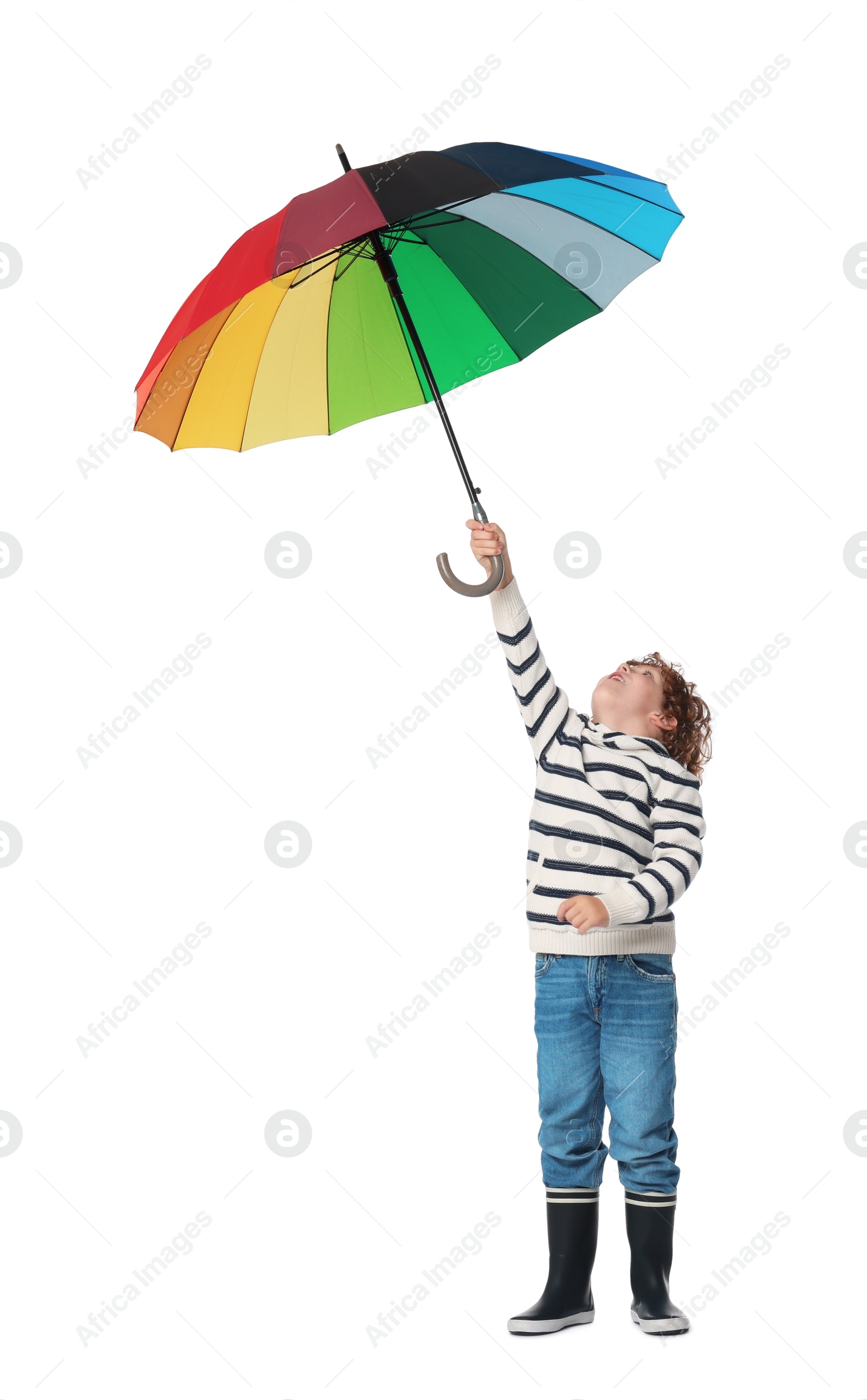 Photo of Little boy with rainbow umbrella on white background