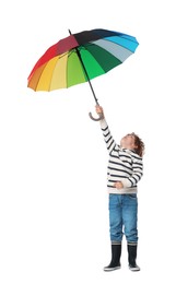 Photo of Little boy with rainbow umbrella on white background