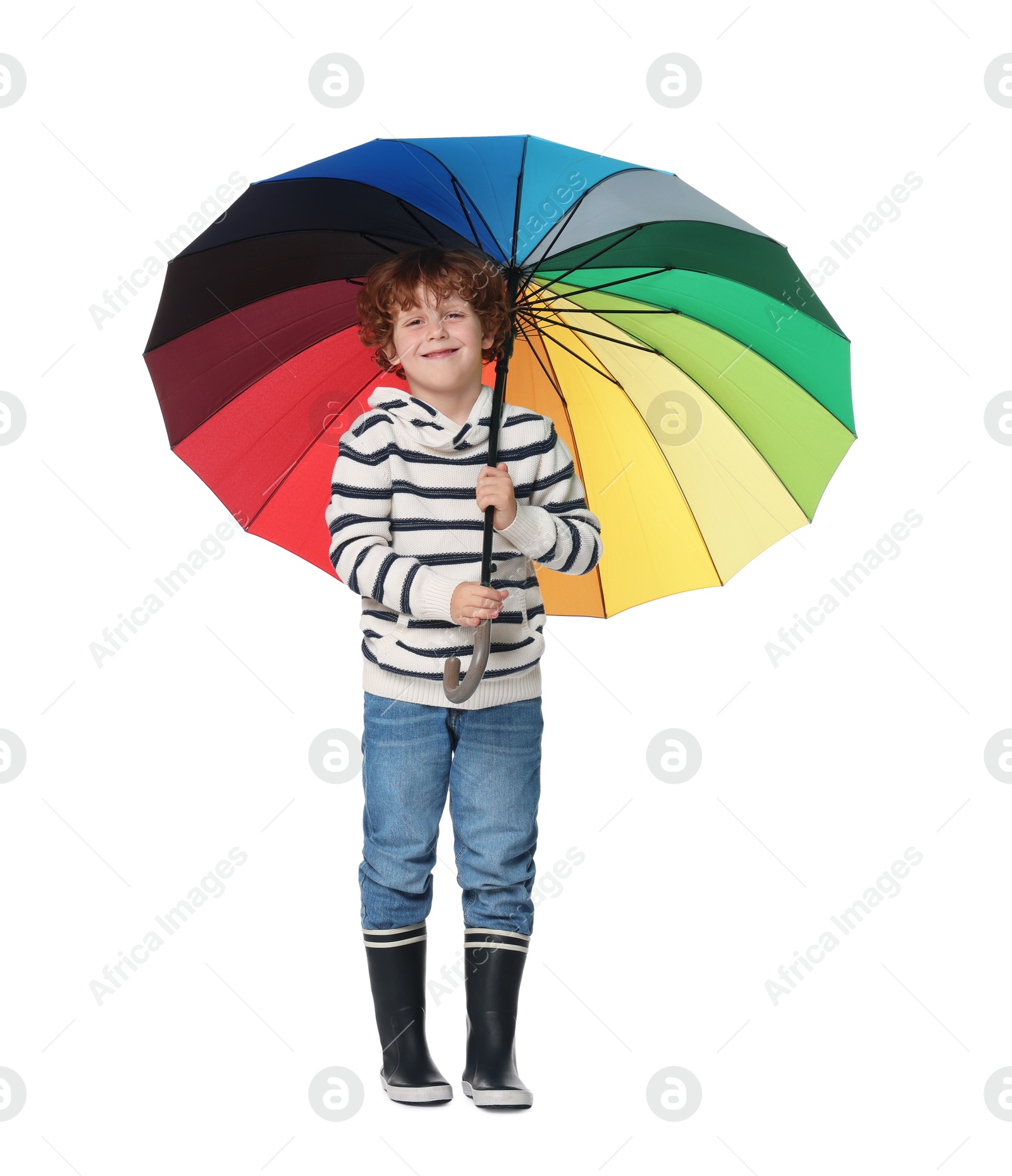 Photo of Little boy with rainbow umbrella on white background