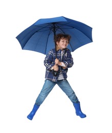 Photo of Little boy with blue umbrella on white background