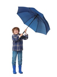 Little boy with blue umbrella on white background