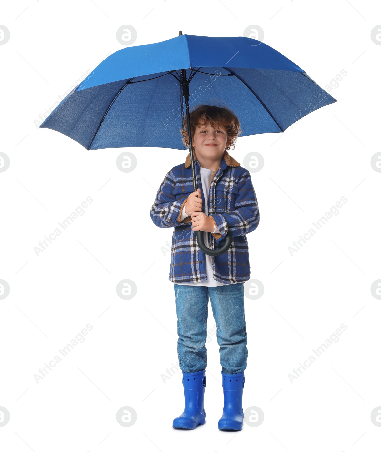 Photo of Little boy with blue umbrella on white background