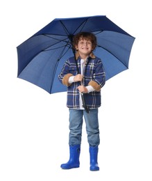 Little boy with blue umbrella on white background