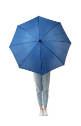 Woman with blue umbrella on white background