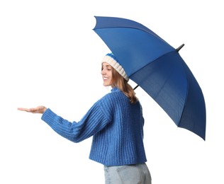 Woman with blue umbrella on white background