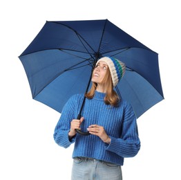 Woman with blue umbrella on white background