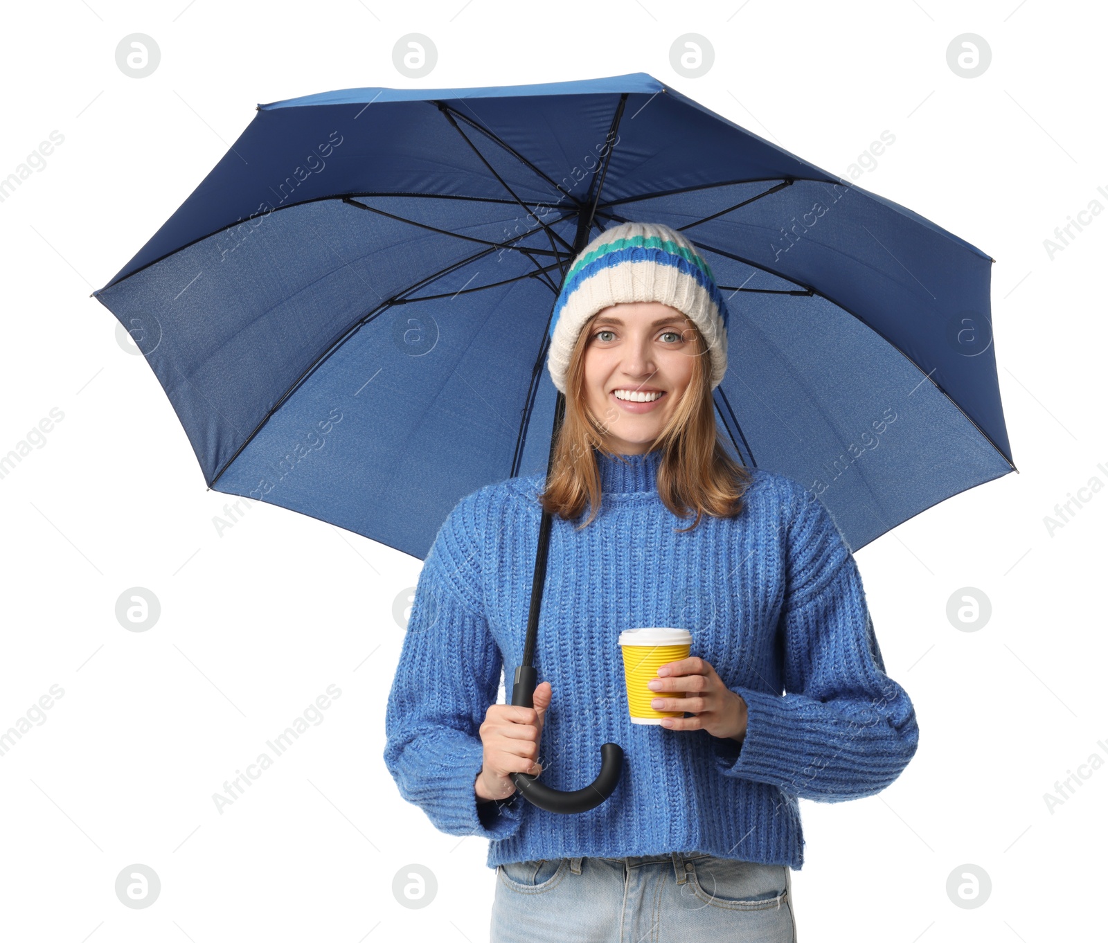 Photo of Woman with blue umbrella and paper cup on white background