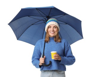 Woman with blue umbrella and paper cup on white background