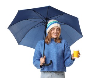 Woman with blue umbrella and paper cup on white background