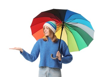 Photo of Woman with colorful umbrella on white background