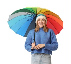 Photo of Woman with colorful umbrella on white background