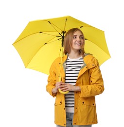 Woman with yellow umbrella on white background