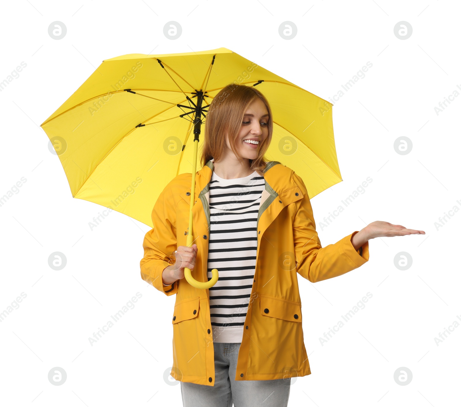 Photo of Woman with yellow umbrella on white background