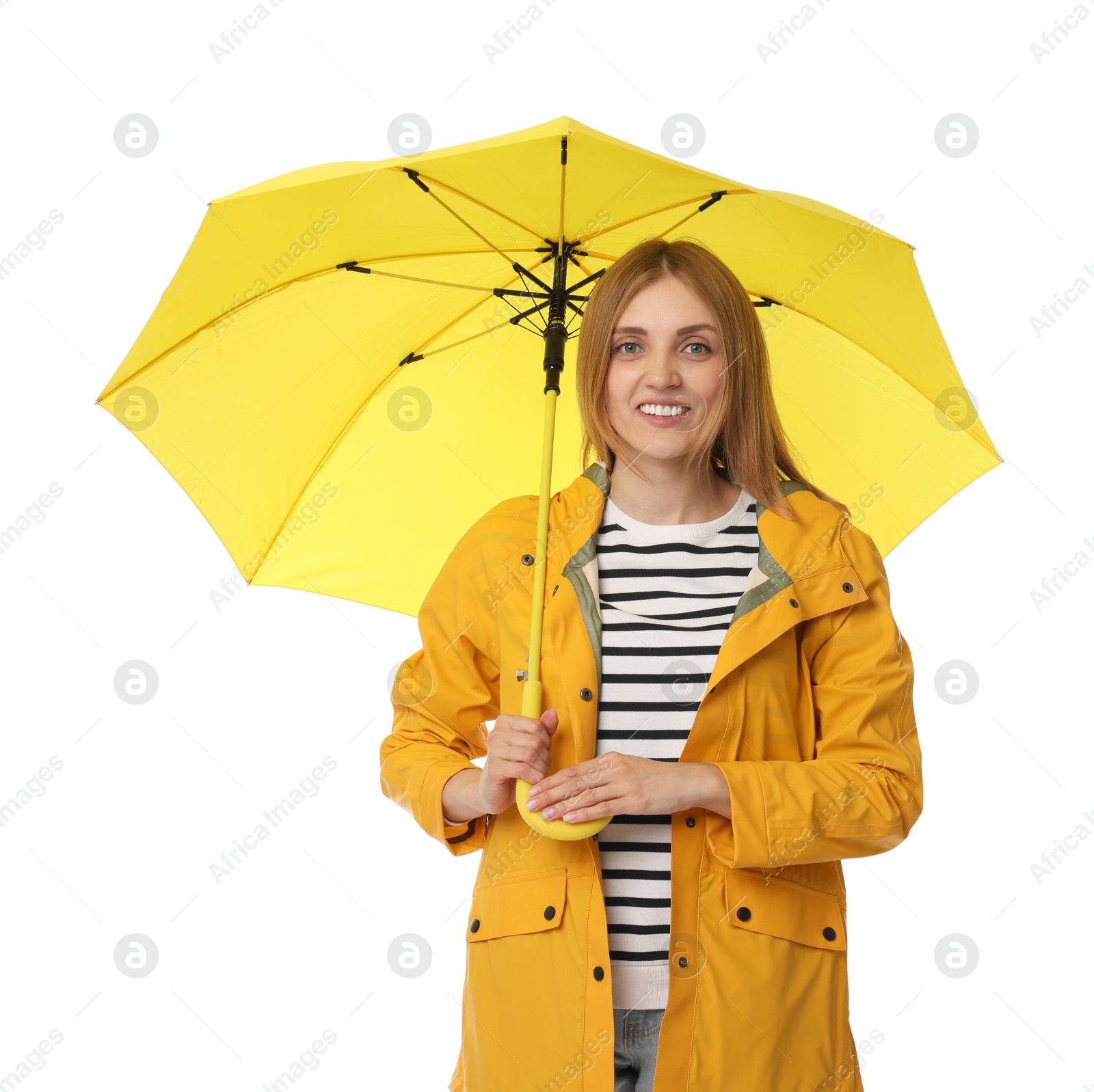 Photo of Woman with yellow umbrella on white background