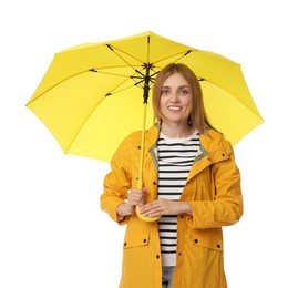 Photo of Woman with yellow umbrella on white background