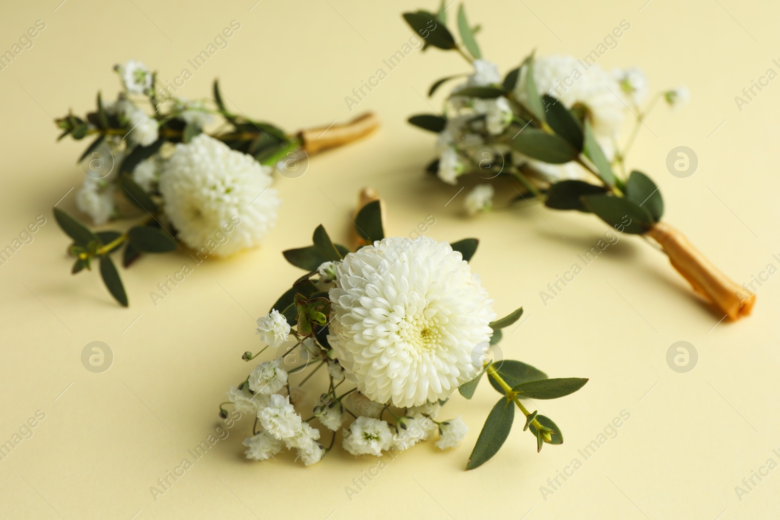 Photo of Many stylish boutonnieres on beige background, closeup