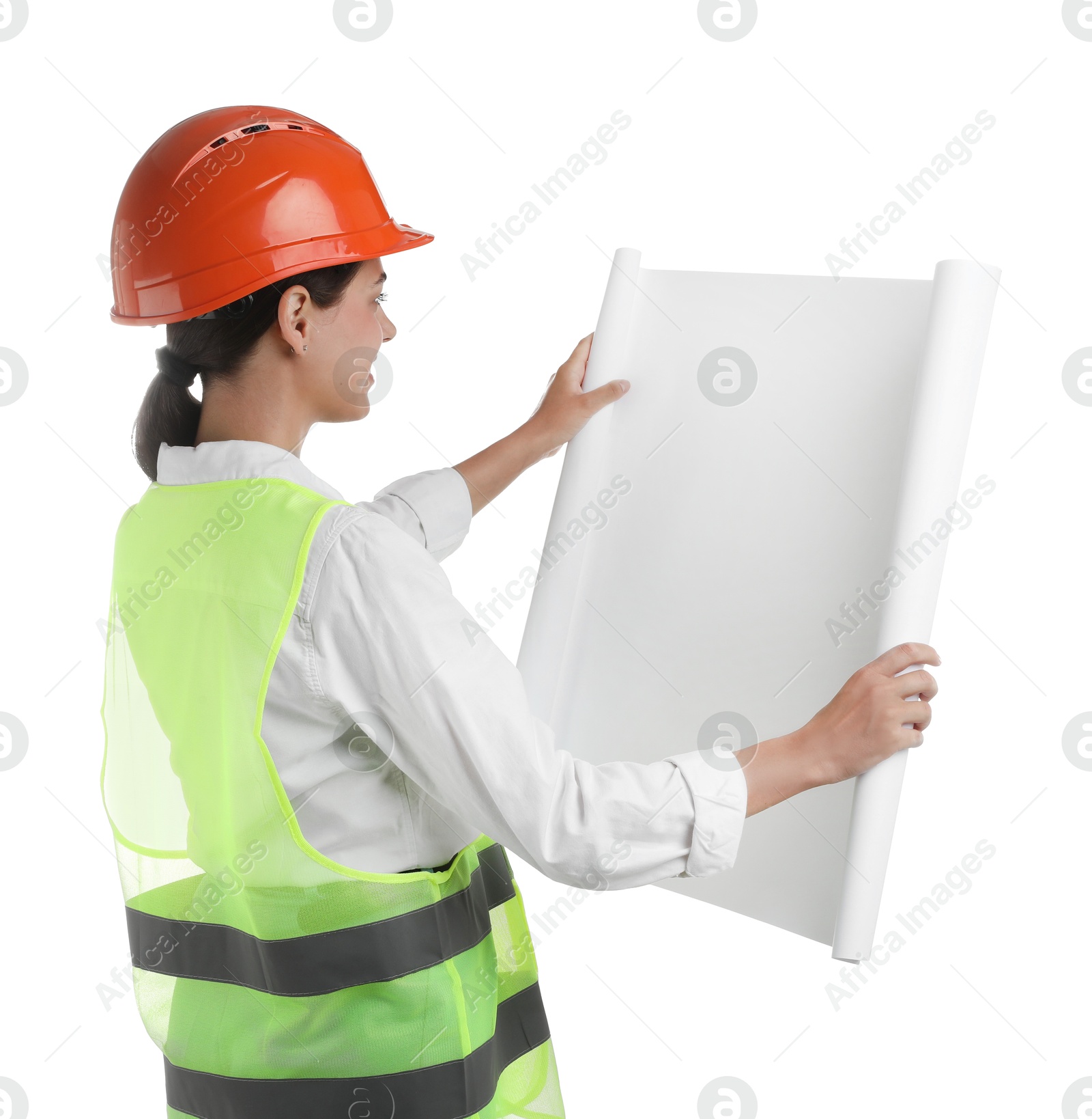 Photo of Engineer in hard hat with draft on white background