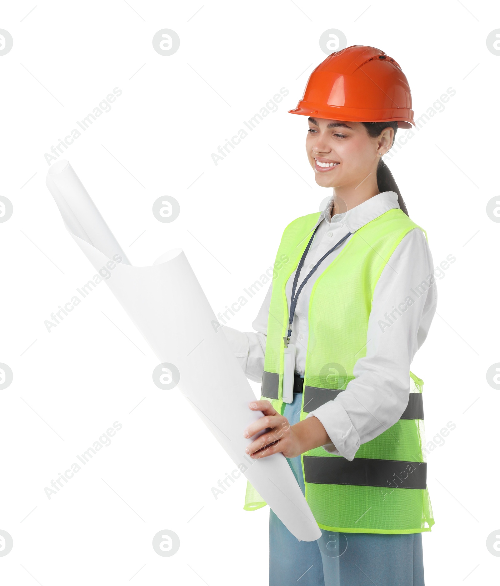 Photo of Engineer in hard hat with draft on white background