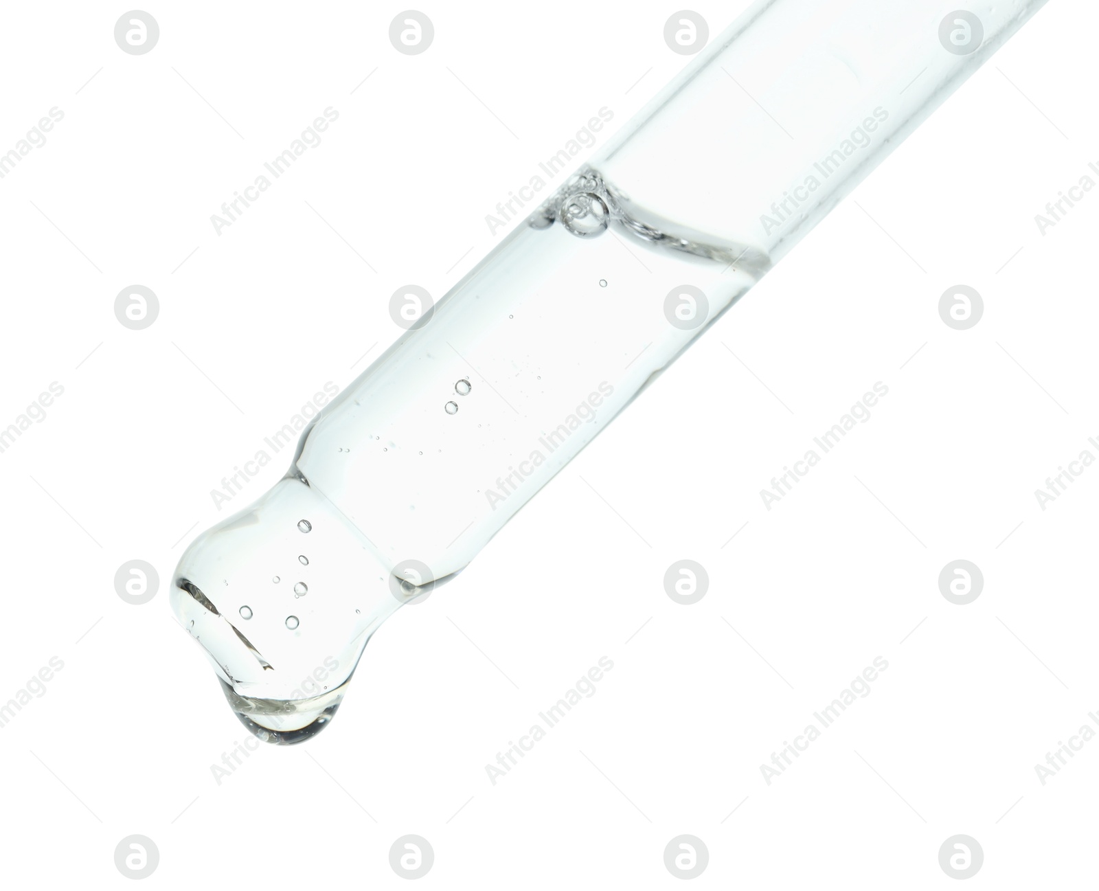 Photo of Pipette with cosmetic serum on white background, closeup