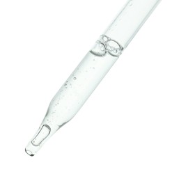 Photo of Dripping cosmetic serum from pipette on white background, closeup