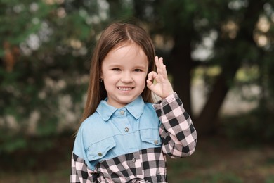 Portrait of beautiful little girl showing Ok gesture outdoors