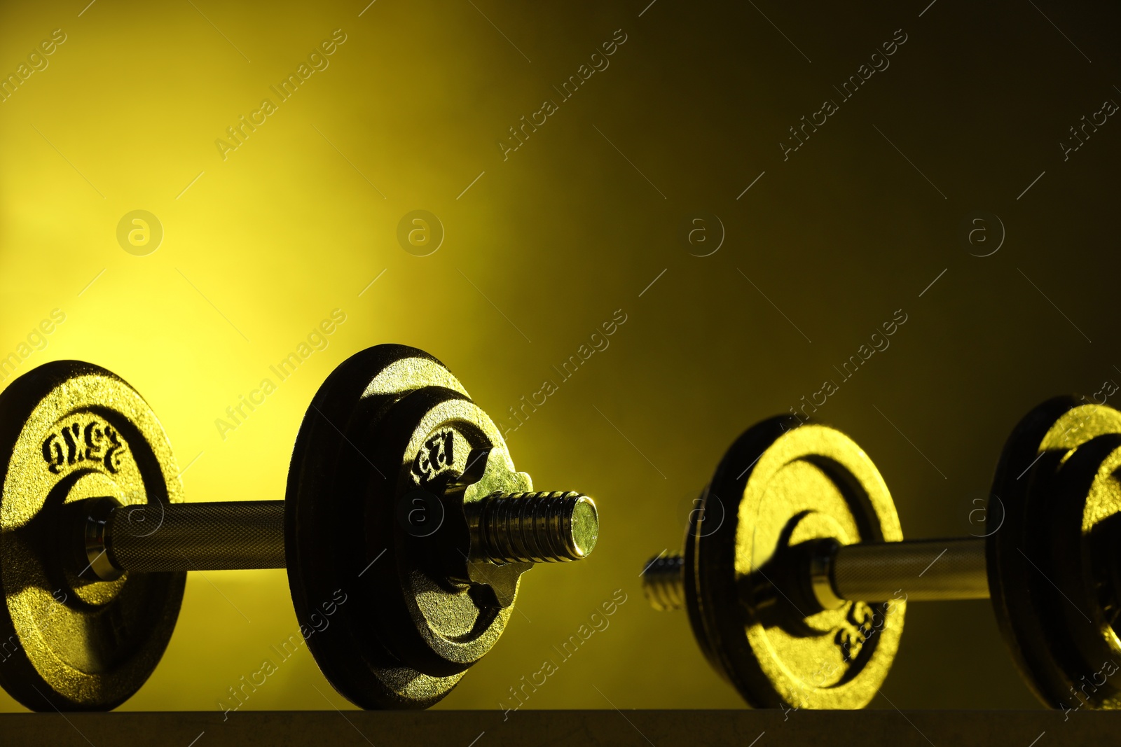 Photo of Two barbells in color lights, closeup. Space for text