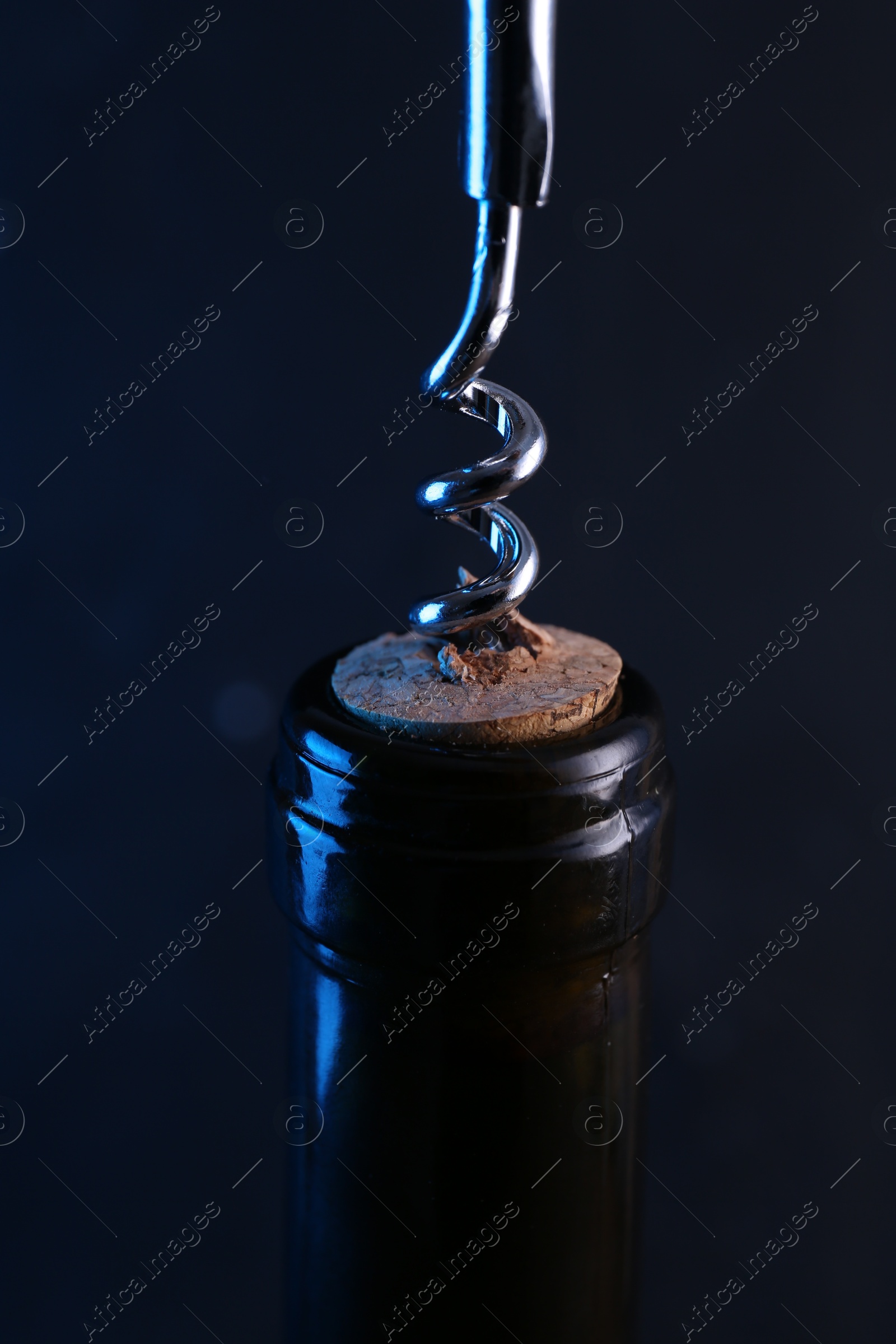 Photo of Wine bottle with corkscrew on dark background, closeup