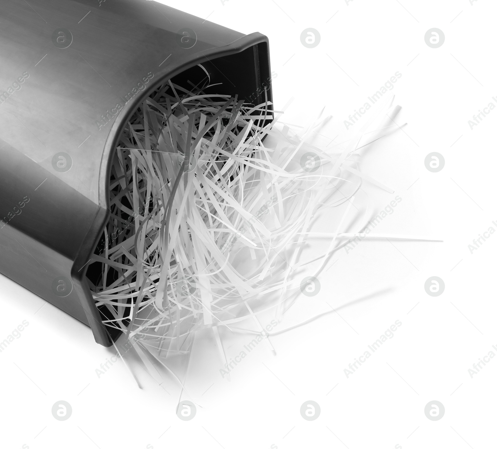 Photo of Black basket and shredded paper isolated on white