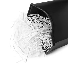 Black basket and shredded paper isolated on white