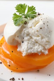 Delicious burrata cheese, tomato and parsley on plate, closeup