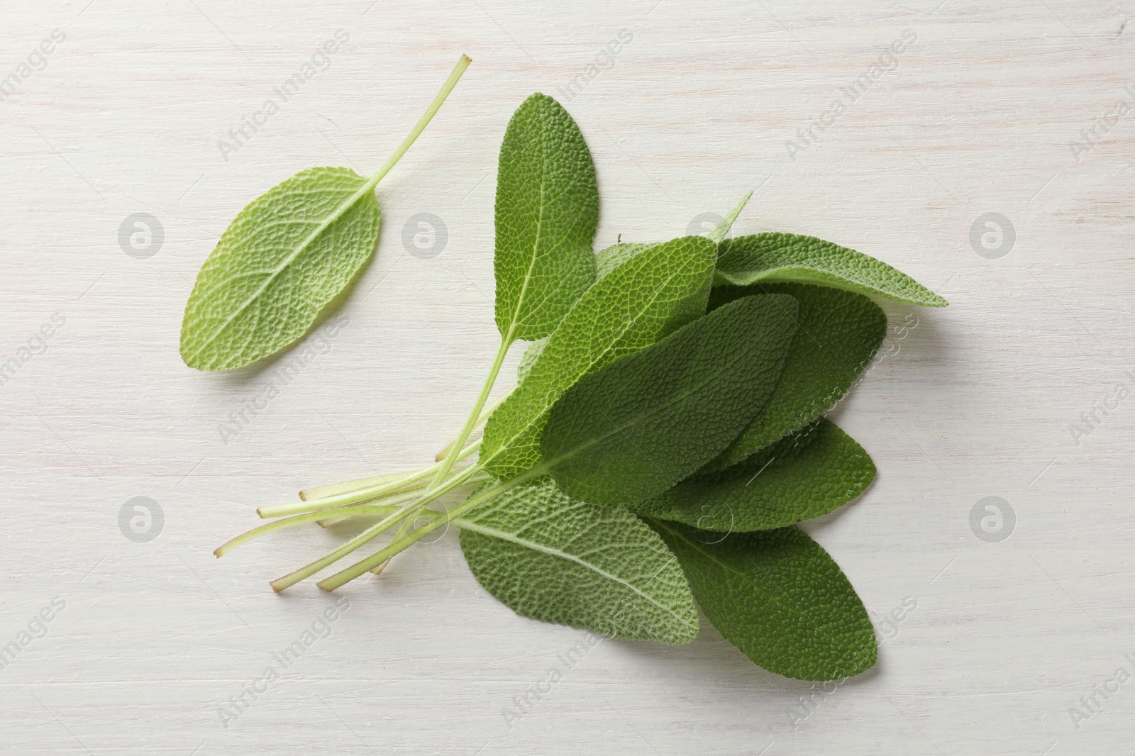 Photo of Fresh sage leaves on light wooden table, top view